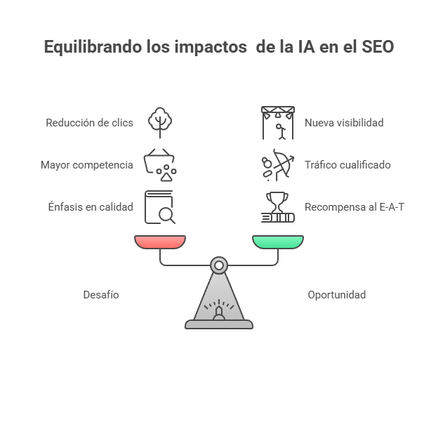 Balanza que sospesa las ventajas y desventajas que trae la IA en el SEO