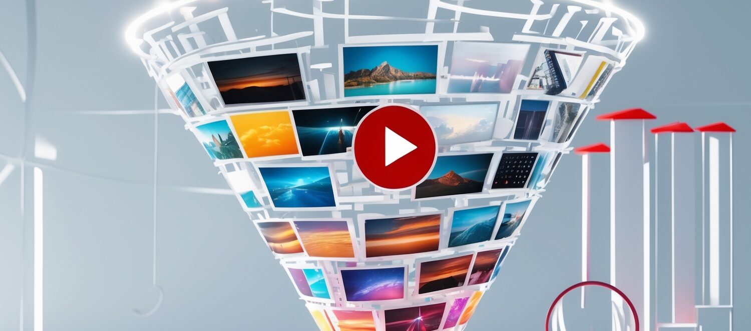 Gráfico que muestra un vortice de videos, un botón y una lupa