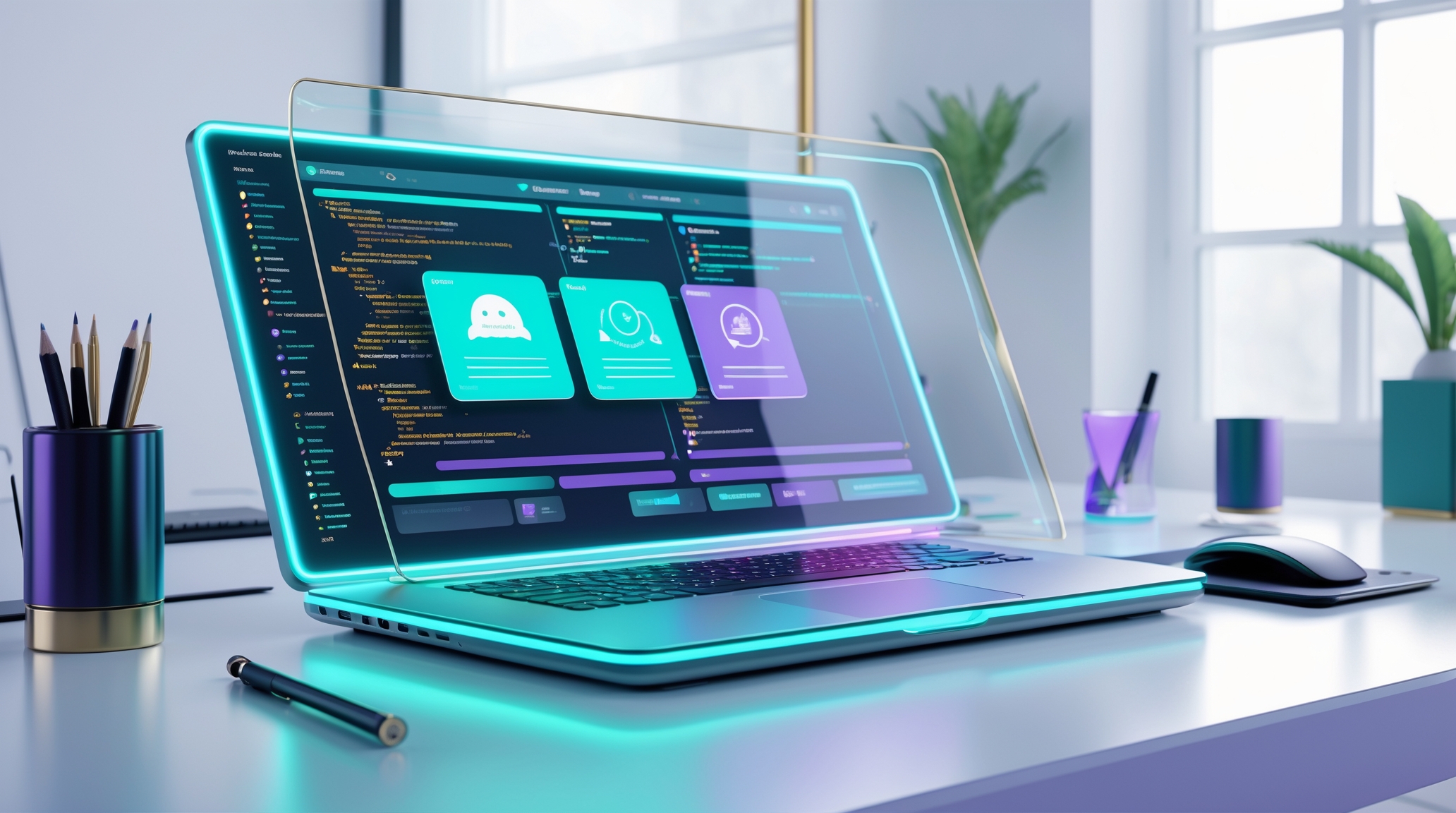 Computadora de alta tecnologia tiene en el display varios iconos que representan a la IA