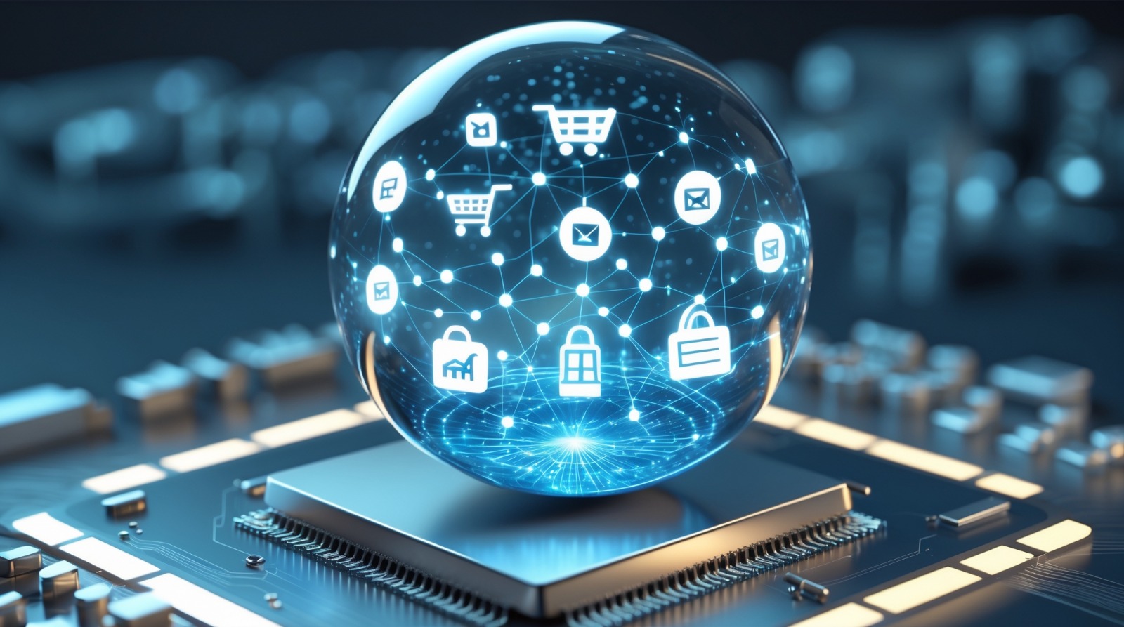 Esfera de cristal en una mbiente tecnologico, que tiene simbolos de e-commerce en su interior